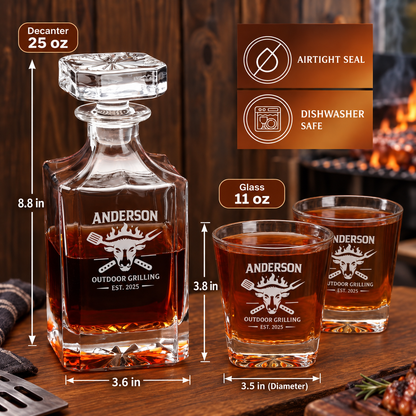 Gift for Grillmasters – Square Decanter Set with 2 Glasses, 9 Whiskey Stones & Wooden Box – image 02