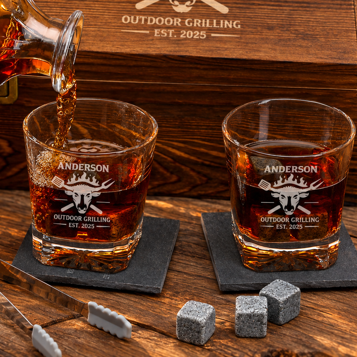 Gift for Grillmasters – Square Decanter Set with 2 Glasses, 9 Whiskey Stones & Wooden Box – image 04