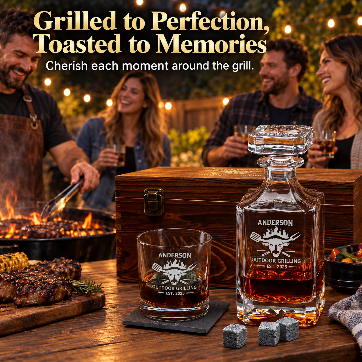 Gift for Grillmasters – Square Decanter Set with 2 Glasses, 9 Whiskey Stones & Wooden Box – image 05