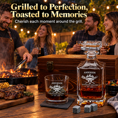 Gift for Grillmasters – Square Decanter Set with 2 Glasses, 9 Whiskey Stones & Wooden Box – image 05