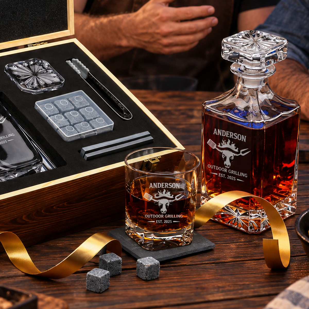Gift for Grillmasters – Square Decanter Set with 2 Glasses, 9 Whiskey Stones & Wooden Box – image 07