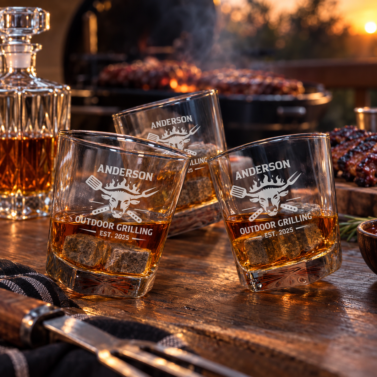 Gift for Grillmasters – Square Decanter Set with 2 Glasses, 9 Whiskey Stones & Wooden Box – image 08