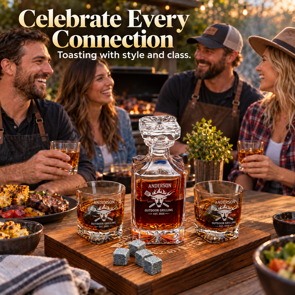 Gift for Grillmasters – Square Decanter Set with 2 Glasses, 9 Whiskey Stones & Wooden Box product image