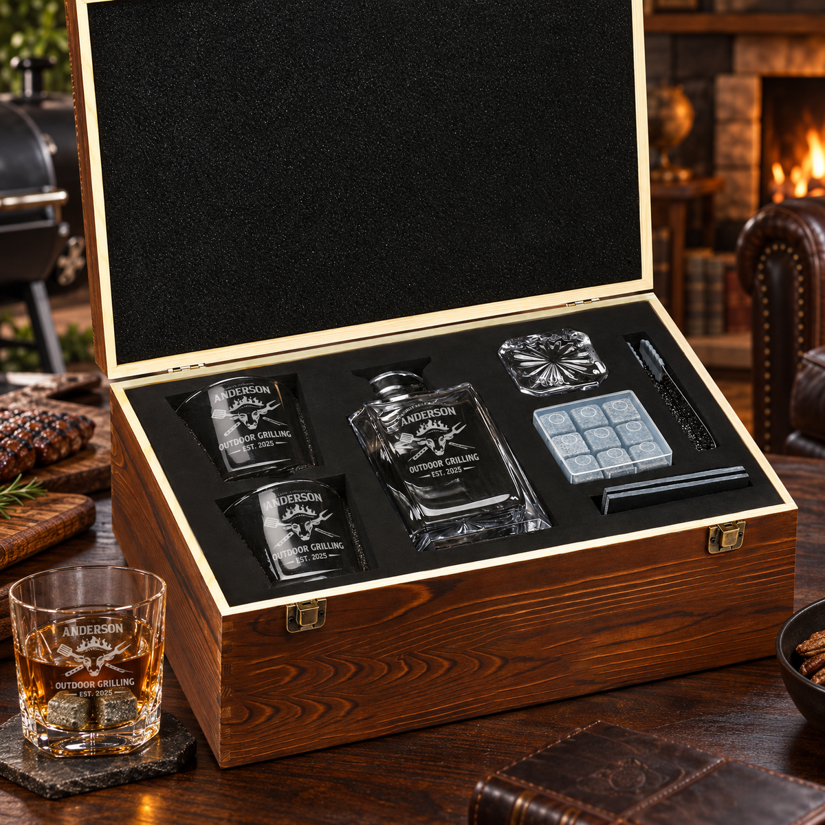Gift for Grillmasters – Square Decanter Set with 2 Glasses, 9 Whiskey Stones & Wooden Box product image