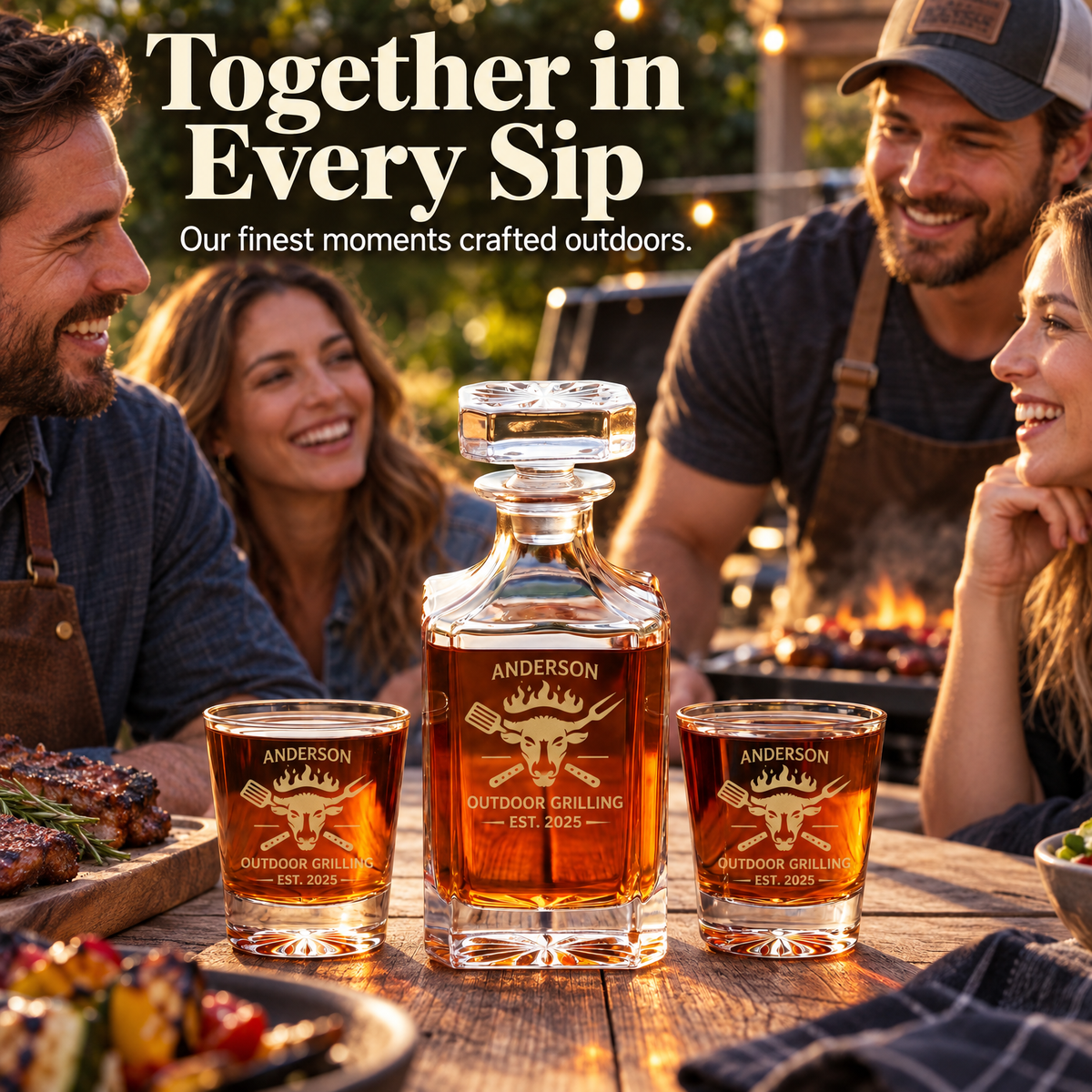 Gift for Grillmasters – Square Decanter Set with 2 Glasses, 9 Whiskey Stones & Wooden Box product image