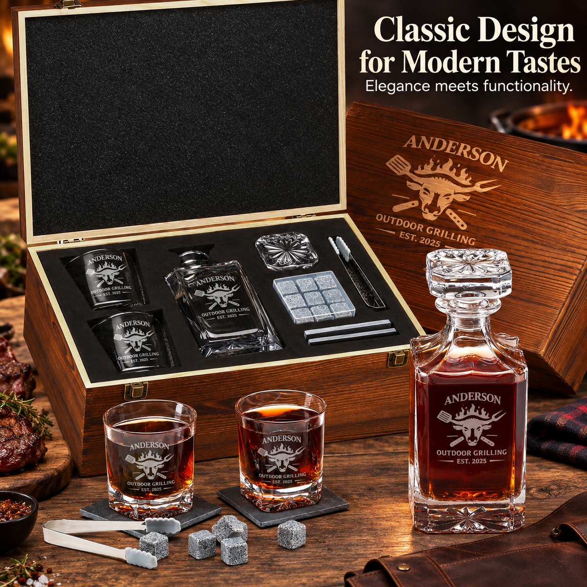 Gift for Grillmasters – Square Decanter Set with 2 Glasses, 9 Whiskey Stones & Wooden Box – image 12
