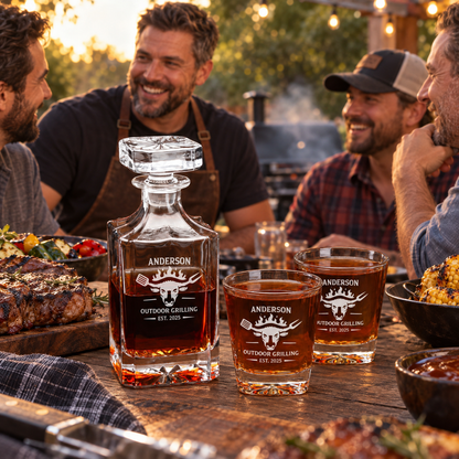 Gift for Grillmasters – Square Decanter Set with 2 Glasses, 9 Whiskey Stones & Wooden Box – image 13