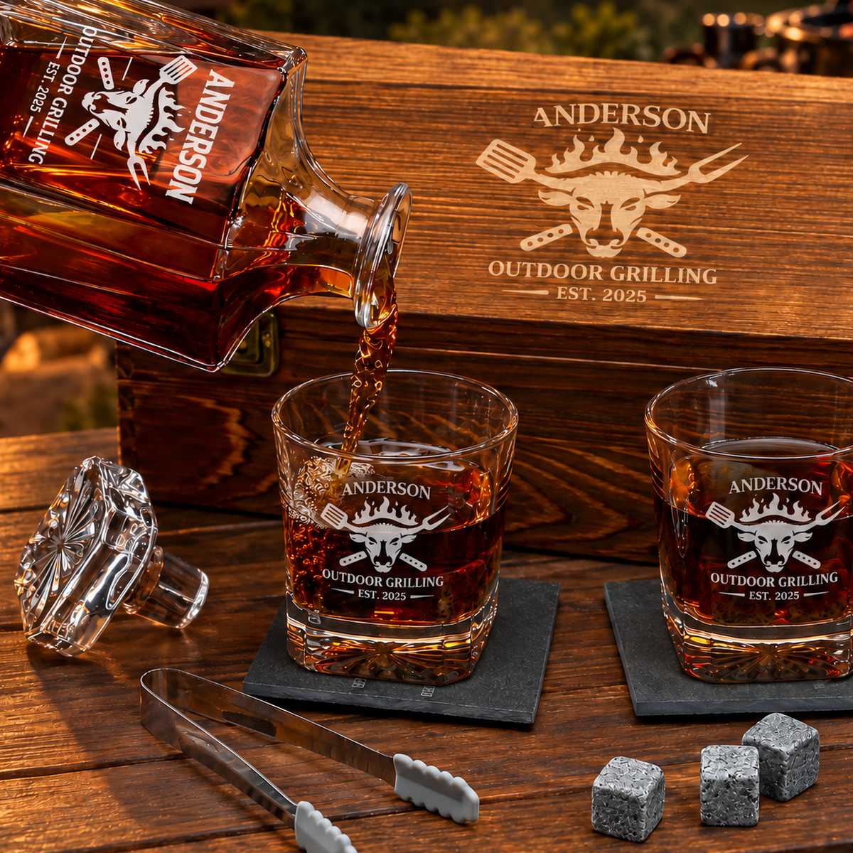 Gift for Grillmasters – Square Decanter Set with 2 Glasses, 9 Whiskey Stones & Wooden Box product image