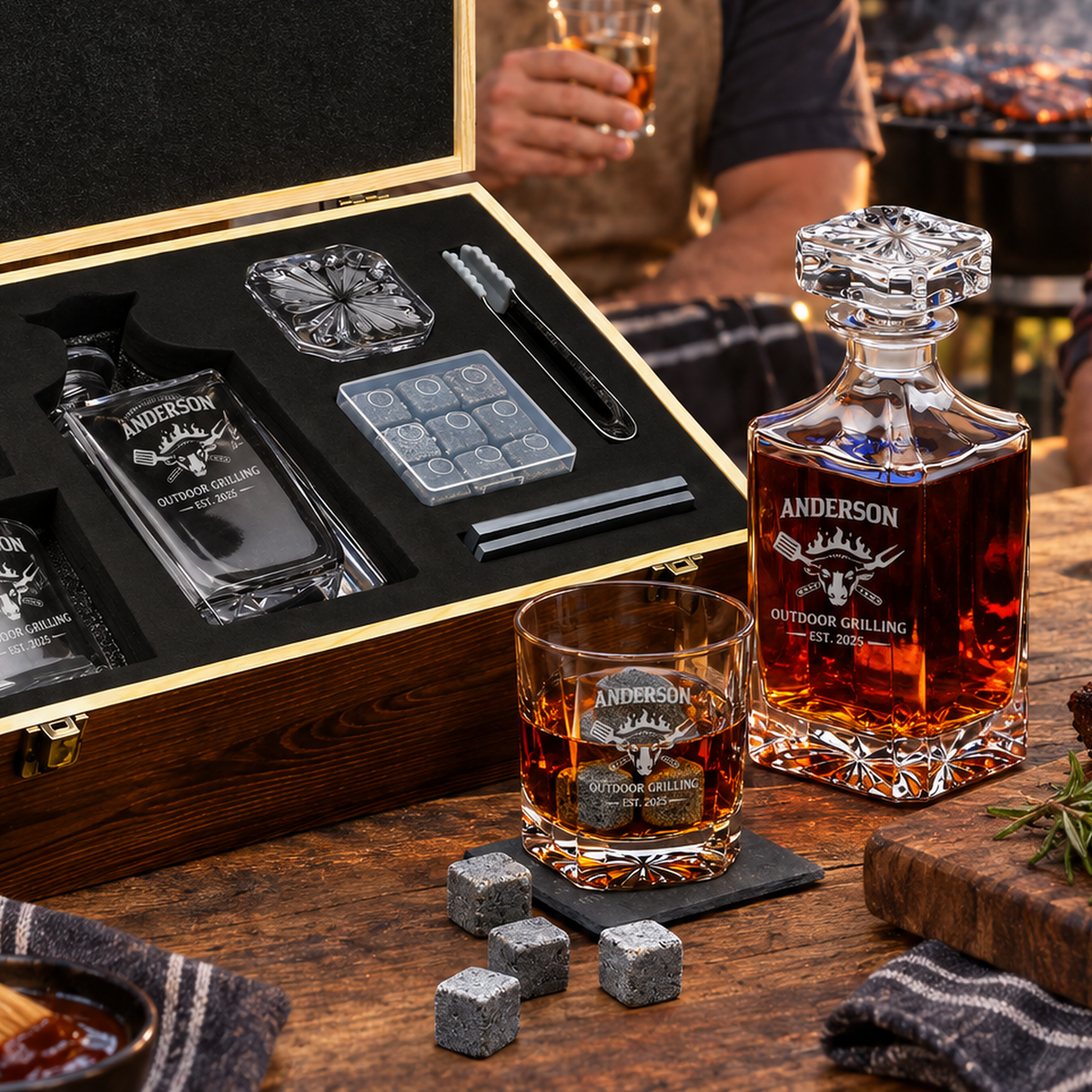 Gift for Grillmasters – Square Decanter Set with 2 Glasses, 9 Whiskey Stones & Wooden Box product image