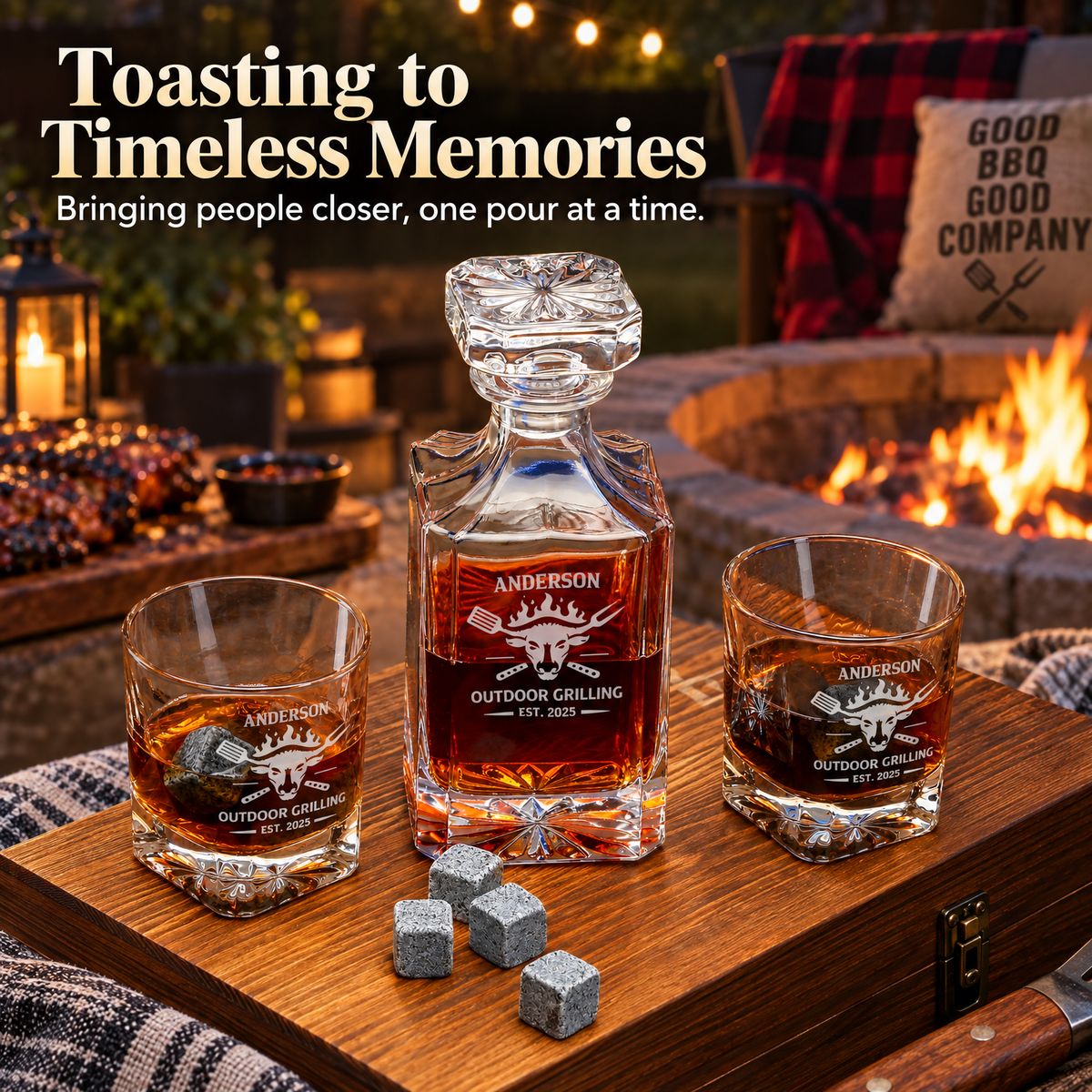 Gift for Grillmasters – Square Decanter Set with 2 Glasses, 9 Whiskey Stones & Wooden Box product image