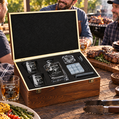Gift for Grillmasters – Square Decanter Set with 2 Glasses, 9 Whiskey Stones & Wooden Box – image 17