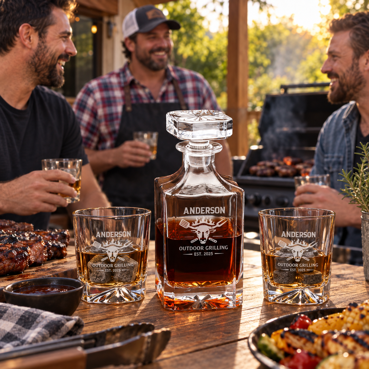 Gift for Grillmasters – Square Decanter Set with 2 Glasses, 9 Whiskey Stones & Wooden Box – image 19