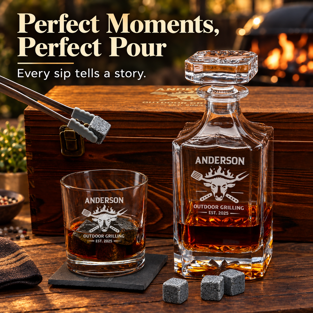 Gift for Grillmasters – Square Decanter Set with 2 Glasses, 9 Whiskey Stones & Wooden Box product image
