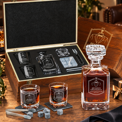 Groomsman Gift – Square Decanter Set with 2 Glasses, 9 Whiskey Stones & Wooden Box – image 01