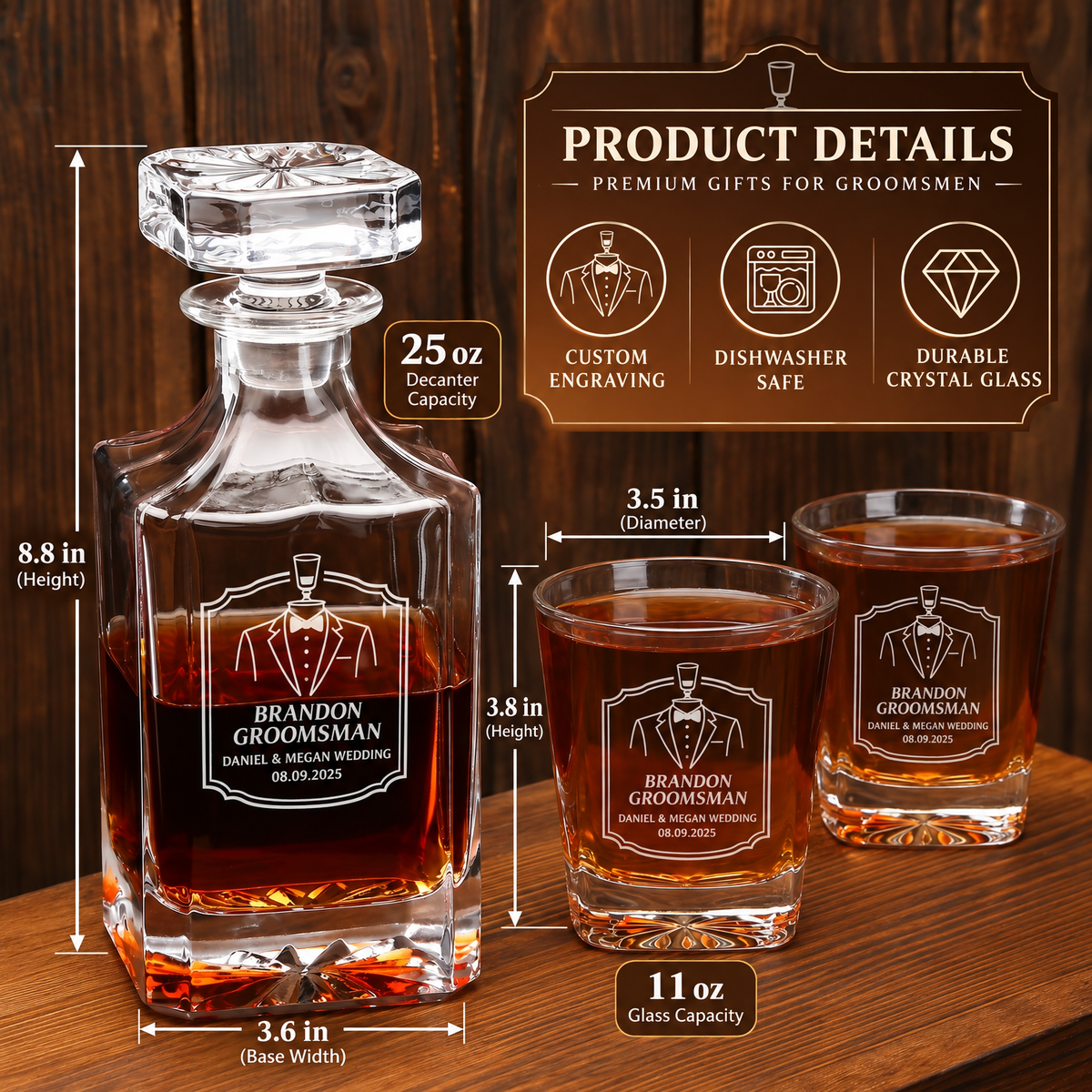 Groomsman Gift – Square Decanter Set with 2 Glasses, 9 Whiskey Stones & Wooden Box – image 02