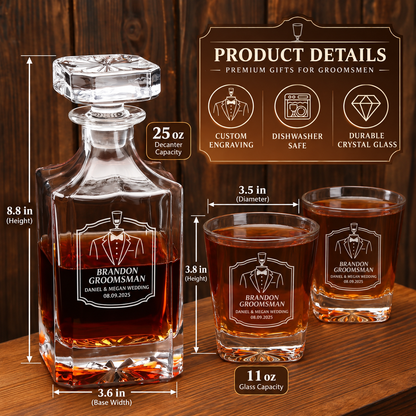 Groomsman Gift – Square Decanter Set with 2 Glasses, 9 Whiskey Stones & Wooden Box – image 02