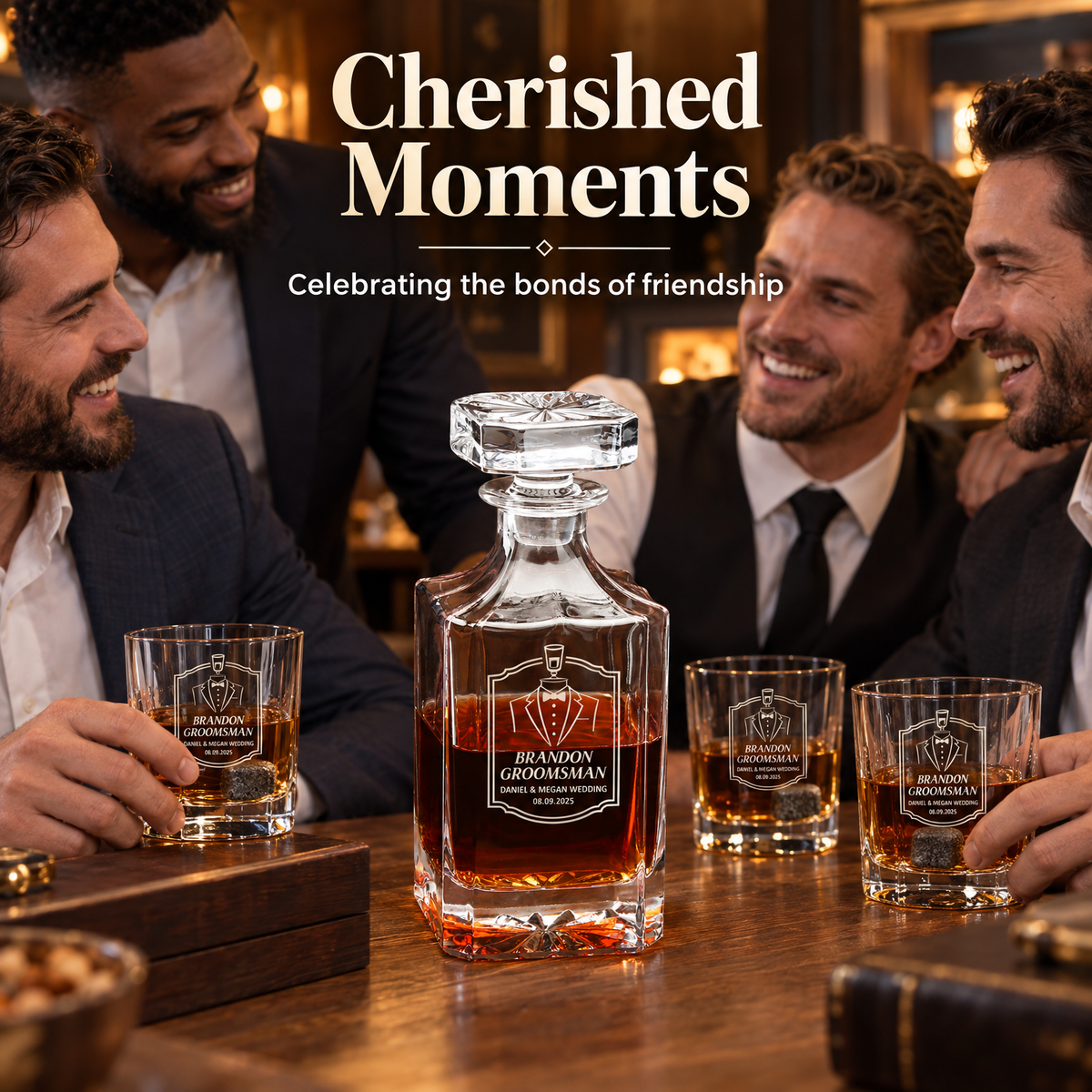 Groomsman Gift – Square Decanter Set with 2 Glasses, 9 Whiskey Stones & Wooden Box – image 03