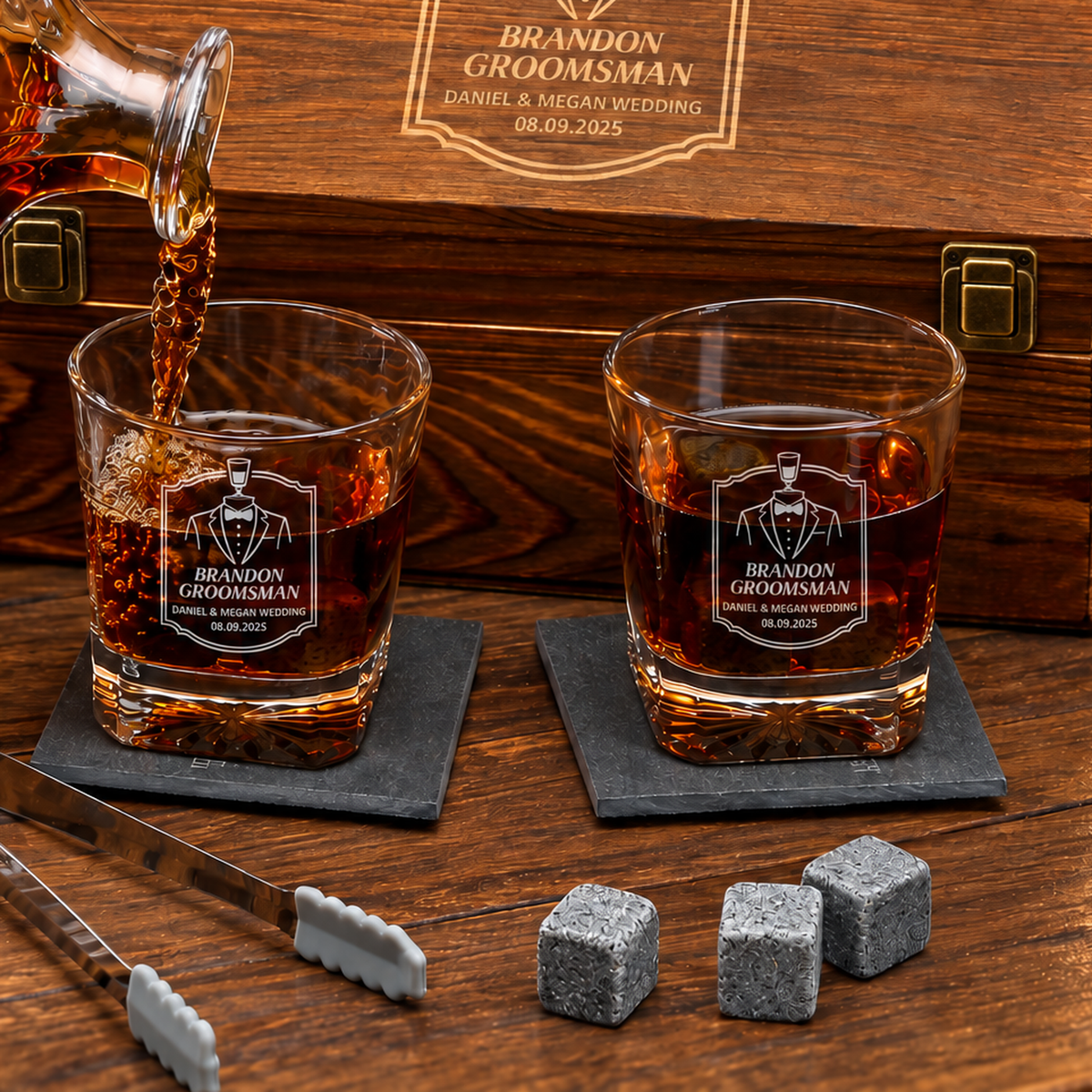 Groomsman Gift – Square Decanter Set with 2 Glasses, 9 Whiskey Stones & Wooden Box – image 04