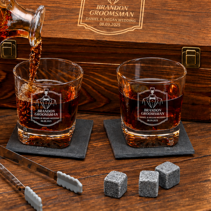 Groomsman Gift – Square Decanter Set with 2 Glasses, 9 Whiskey Stones & Wooden Box – image 04
