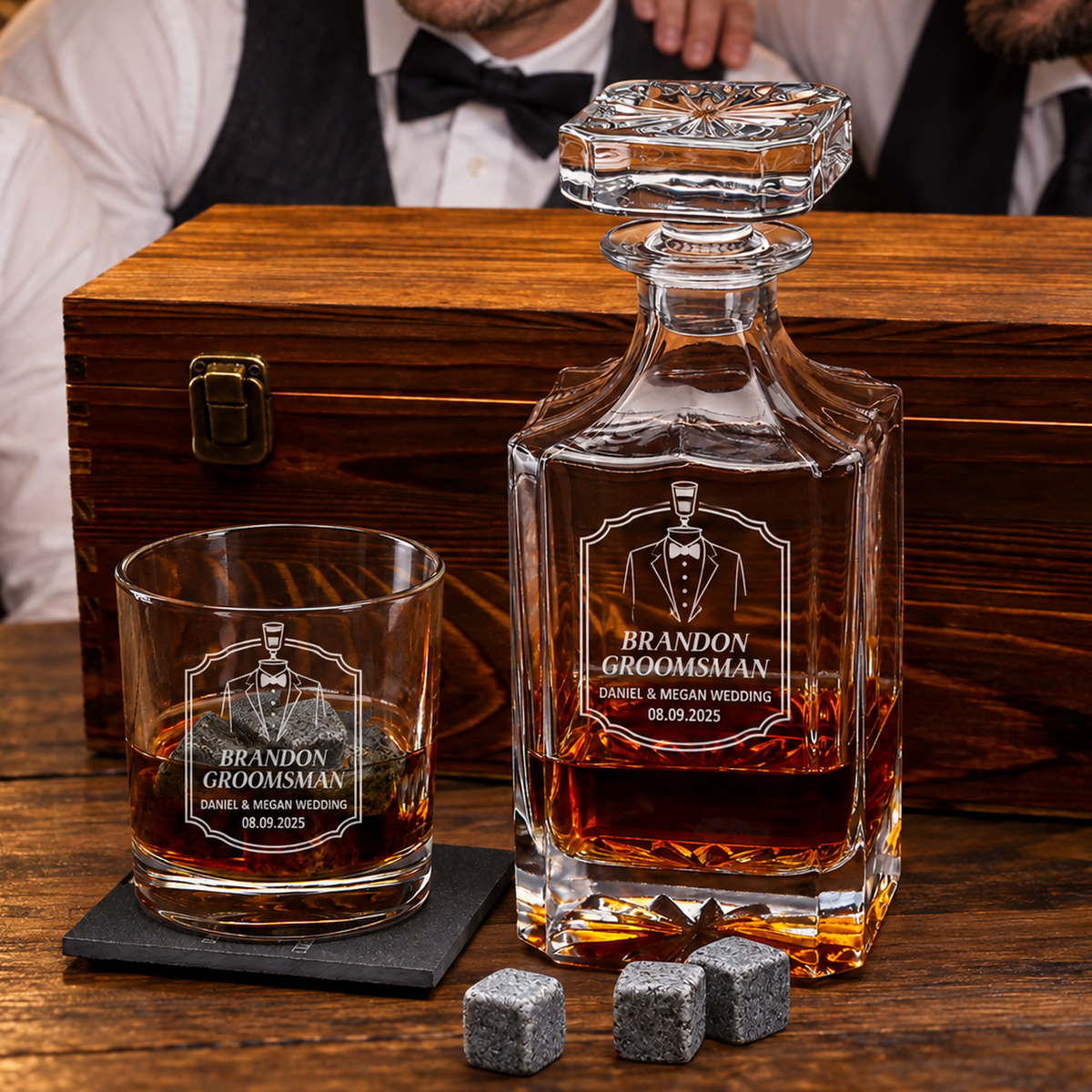 Groomsman Gift – Square Decanter Set with 2 Glasses, 9 Whiskey Stones & Wooden Box product image