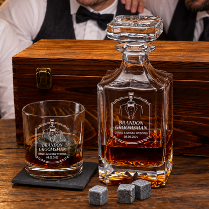 Groomsman Gift – Square Decanter Set with 2 Glasses, 9 Whiskey Stones & Wooden Box – image 05