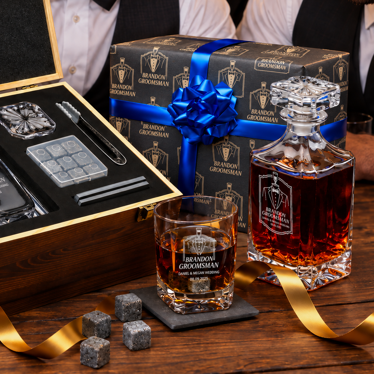 Groomsman Gift – Square Decanter Set with 2 Glasses, 9 Whiskey Stones & Wooden Box – image 07