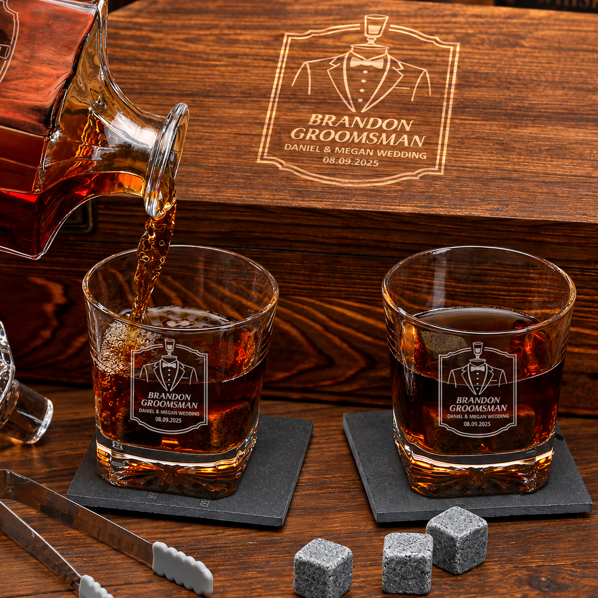Groomsman Gift – Square Decanter Set with 2 Glasses, 9 Whiskey Stones & Wooden Box – image 14