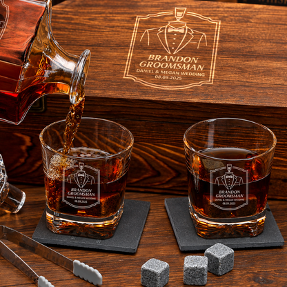 Groomsman Gift – Square Decanter Set with 2 Glasses, 9 Whiskey Stones & Wooden Box – image 14