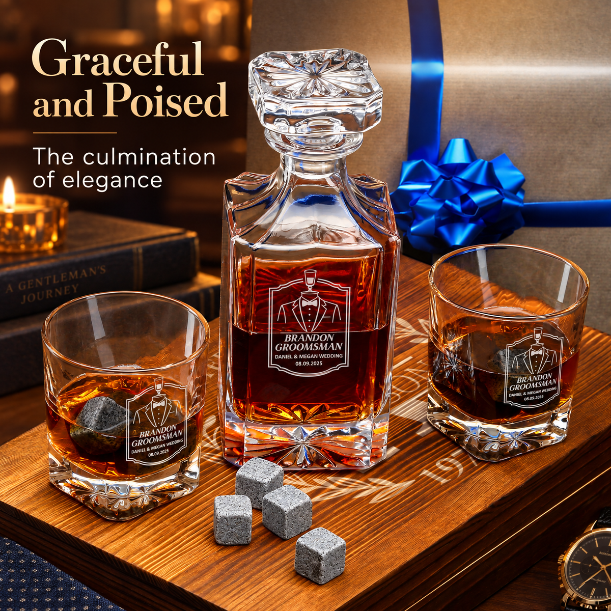 Groomsman Gift – Square Decanter Set with 2 Glasses, 9 Whiskey Stones & Wooden Box product image