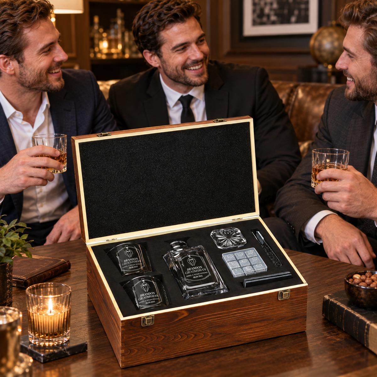 Groomsman Gift – Square Decanter Set with 2 Glasses, 9 Whiskey Stones & Wooden Box – image 17