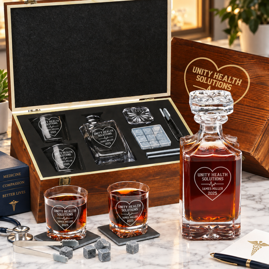 Healthcare Company Gifts – Square Decanter Set with 2 Glasses, 9 Whiskey Stones & Wooden Box – image 01