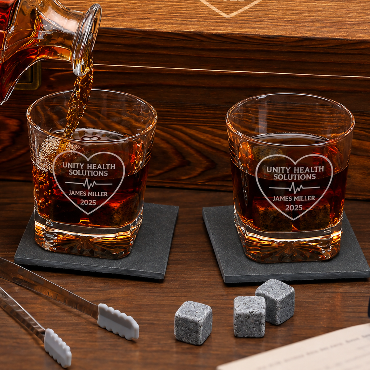 Healthcare Company Gifts – Square Decanter Set with 2 Glasses, 9 Whiskey Stones & Wooden Box – image 04