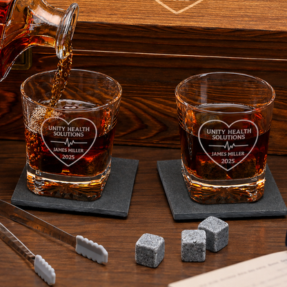 Healthcare Company Gifts – Square Decanter Set with 2 Glasses, 9 Whiskey Stones & Wooden Box – image 04