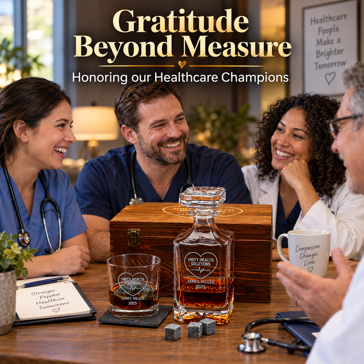 Healthcare Company Gifts – Square Decanter Set with 2 Glasses, 9 Whiskey Stones & Wooden Box – image 05