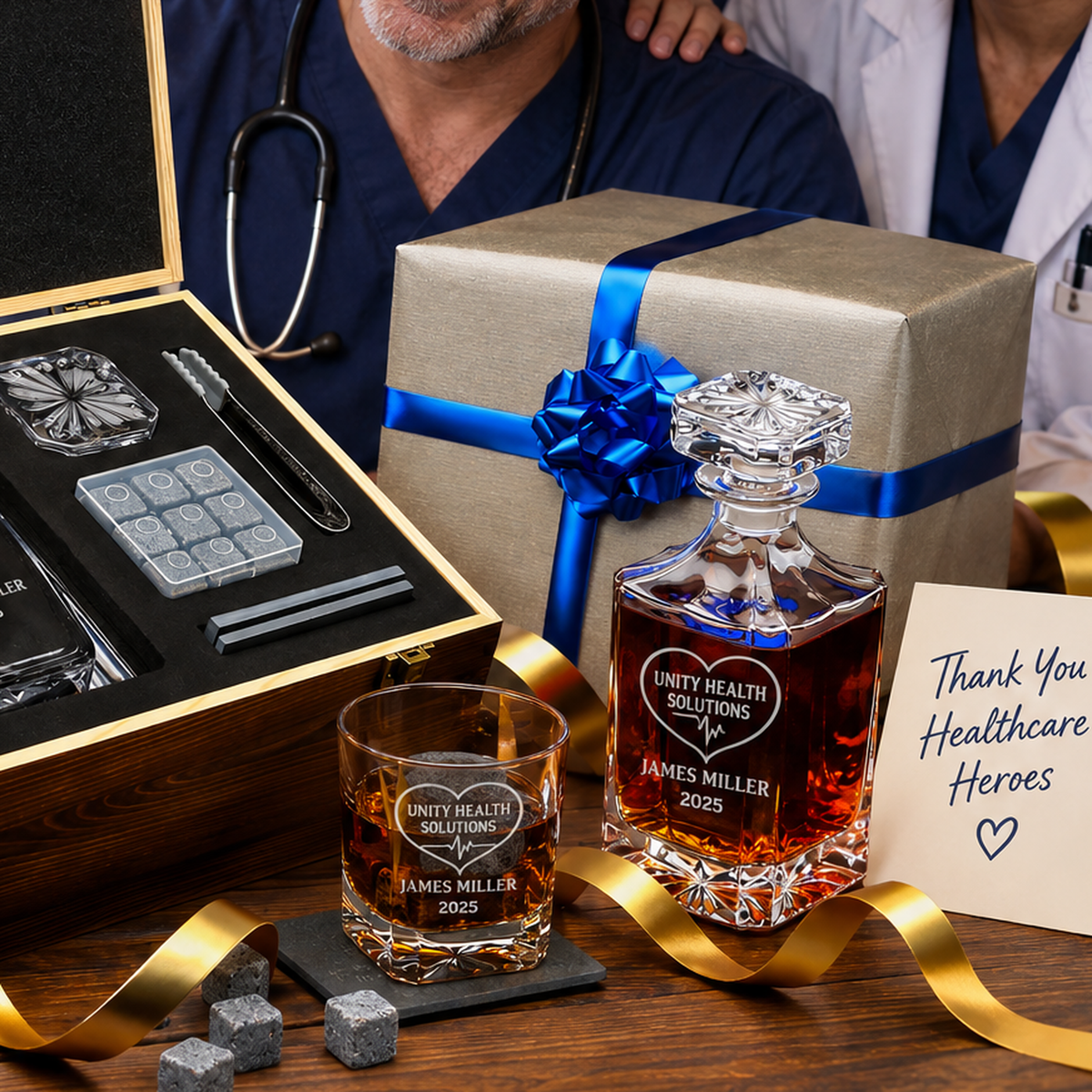 Healthcare Company Gifts – Square Decanter Set with 2 Glasses, 9 Whiskey Stones & Wooden Box product image
