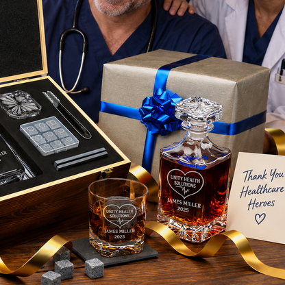 Healthcare Company Gifts – Square Decanter Set with 2 Glasses, 9 Whiskey Stones & Wooden Box – image 07