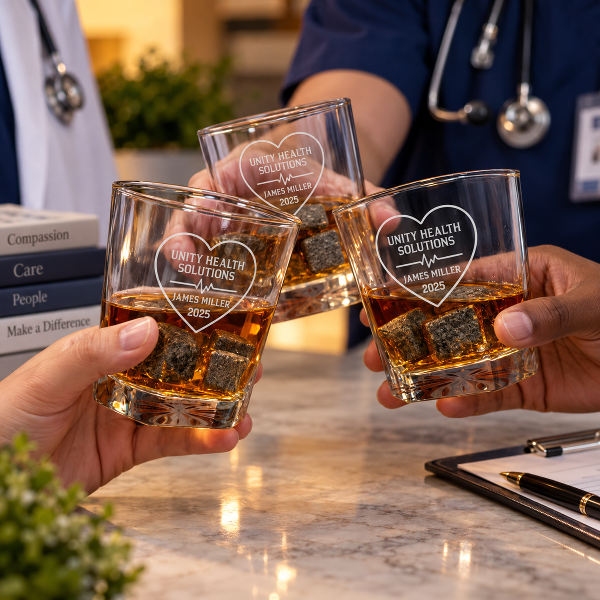 Healthcare Company Gifts – Square Decanter Set with 2 Glasses, 9 Whiskey Stones & Wooden Box – image 08