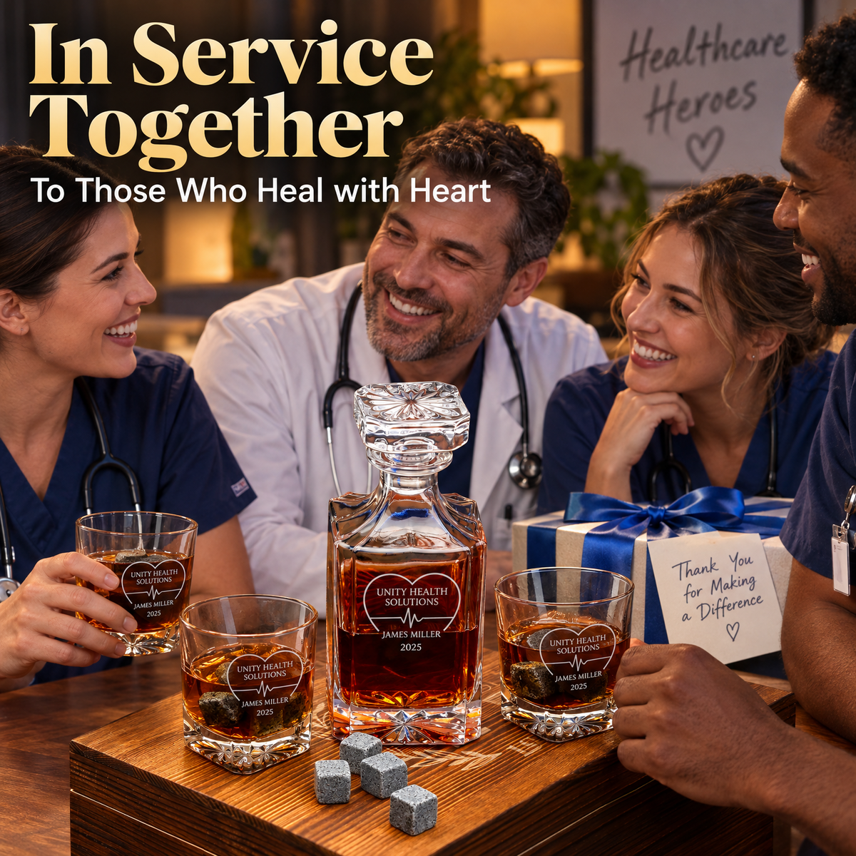 Healthcare Company Gifts – Square Decanter Set with 2 Glasses, 9 Whiskey Stones & Wooden Box product image