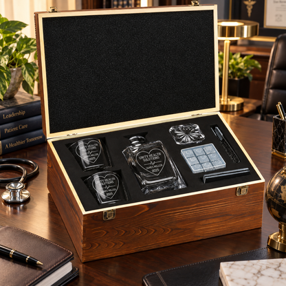 Healthcare Company Gifts – Square Decanter Set with 2 Glasses, 9 Whiskey Stones & Wooden Box – image 10