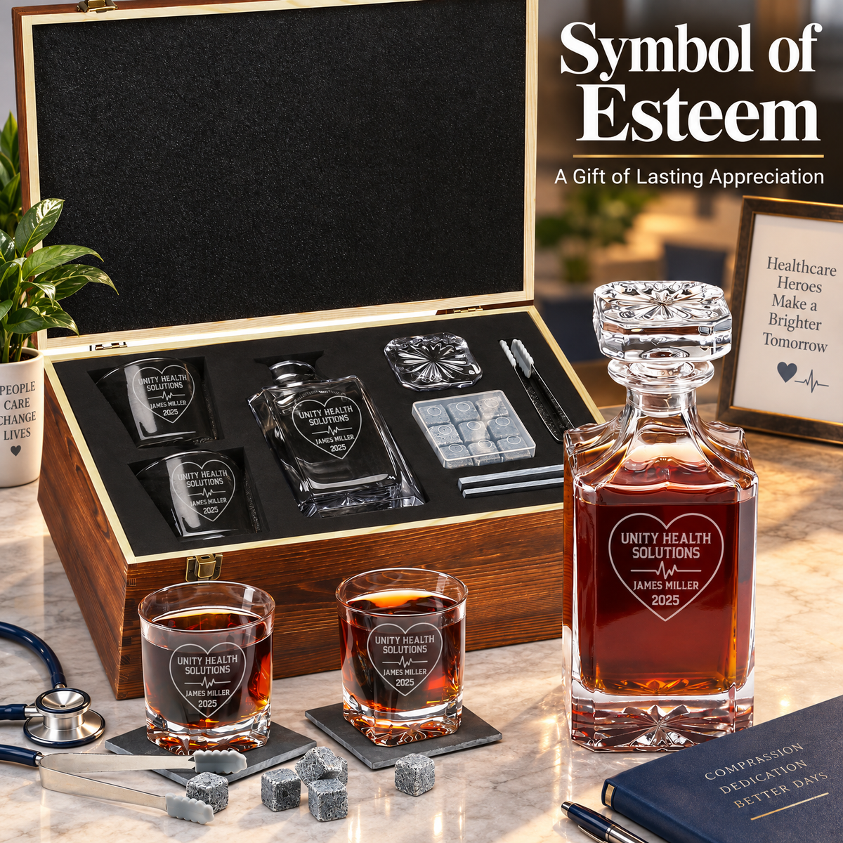 Healthcare Company Gifts – Square Decanter Set with 2 Glasses, 9 Whiskey Stones & Wooden Box – image 12