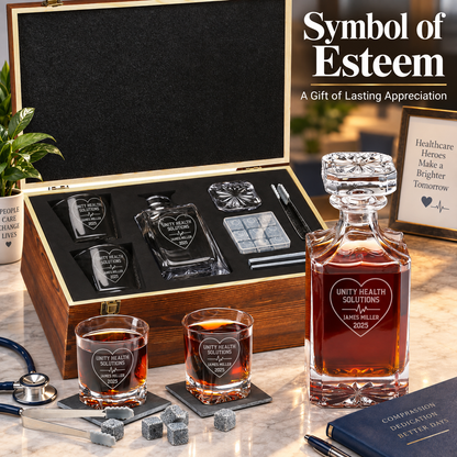 Healthcare Company Gifts – Square Decanter Set with 2 Glasses, 9 Whiskey Stones & Wooden Box – image 12