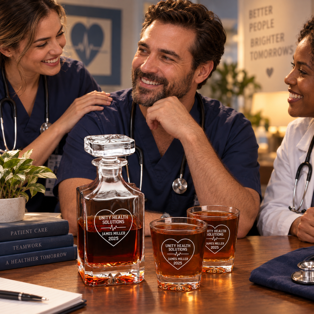 Healthcare Company Gifts – Square Decanter Set with 2 Glasses, 9 Whiskey Stones & Wooden Box – image 13