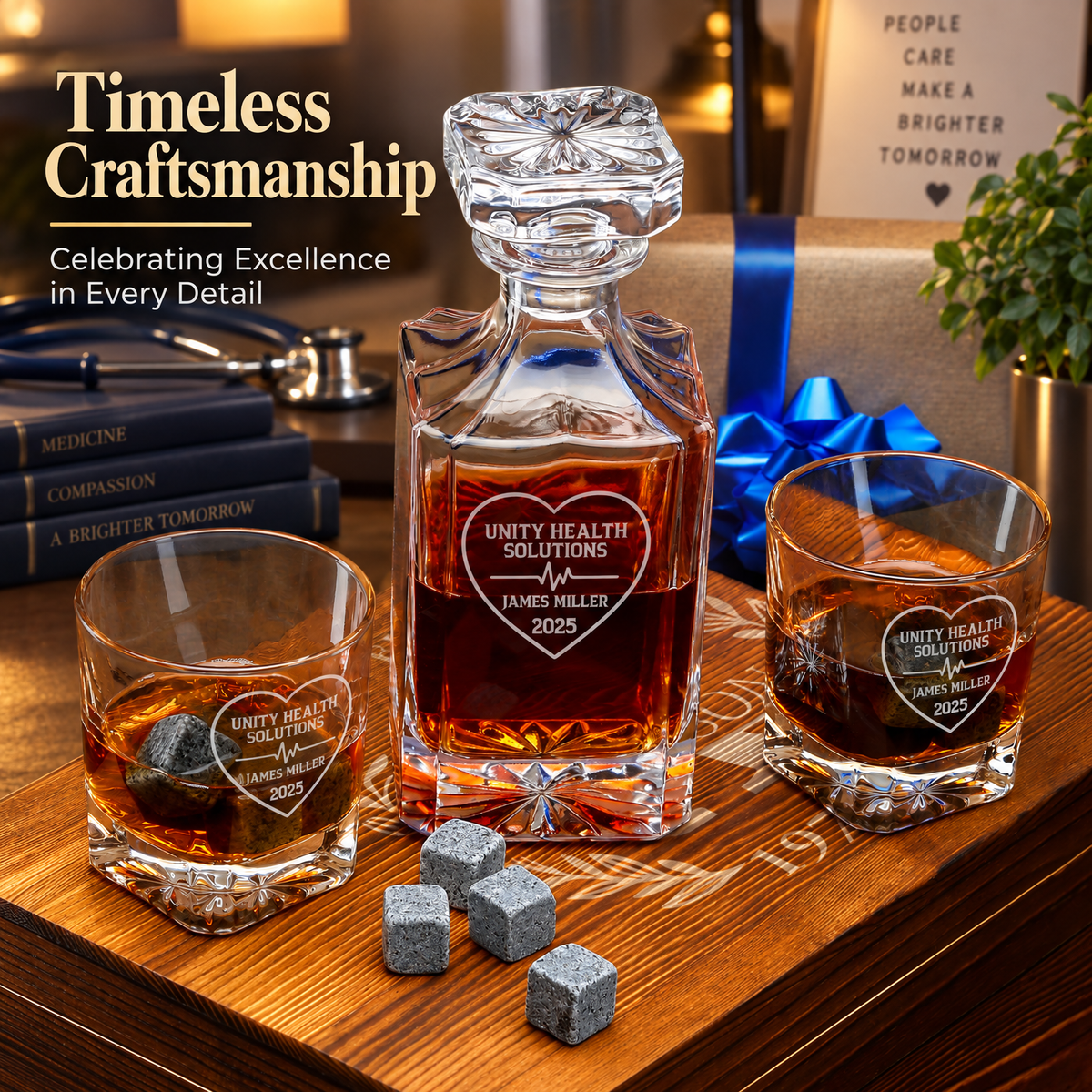 Healthcare Company Gifts – Square Decanter Set with 2 Glasses, 9 Whiskey Stones & Wooden Box product image