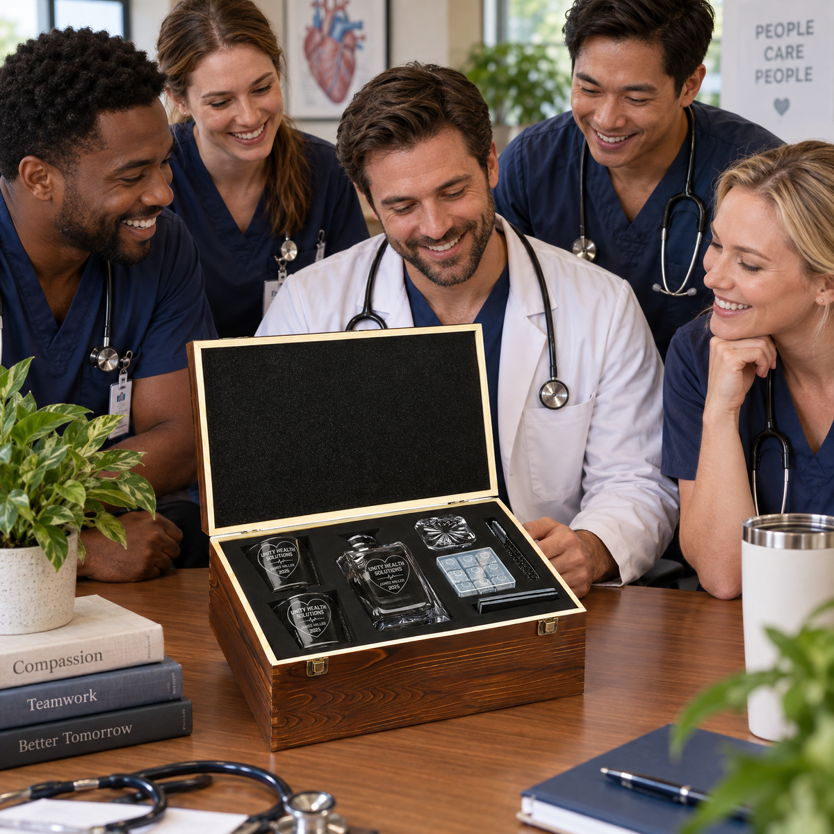 Healthcare Company Gifts – Square Decanter Set with 2 Glasses, 9 Whiskey Stones & Wooden Box product image