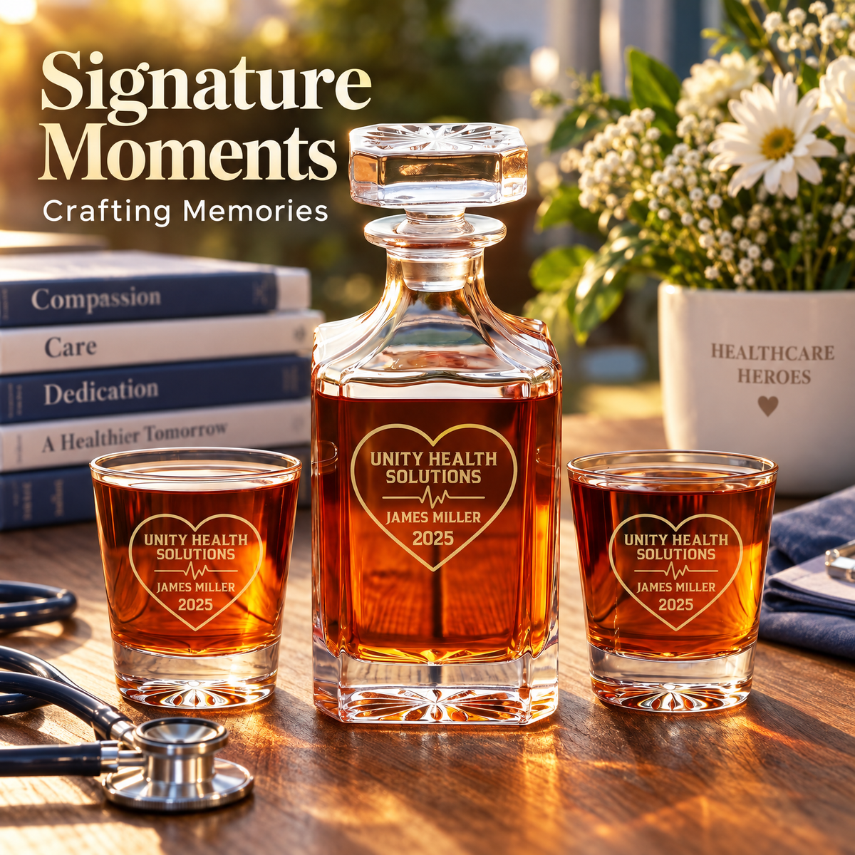Healthcare Company Gifts – Square Decanter Set with 2 Glasses, 9 Whiskey Stones & Wooden Box product image