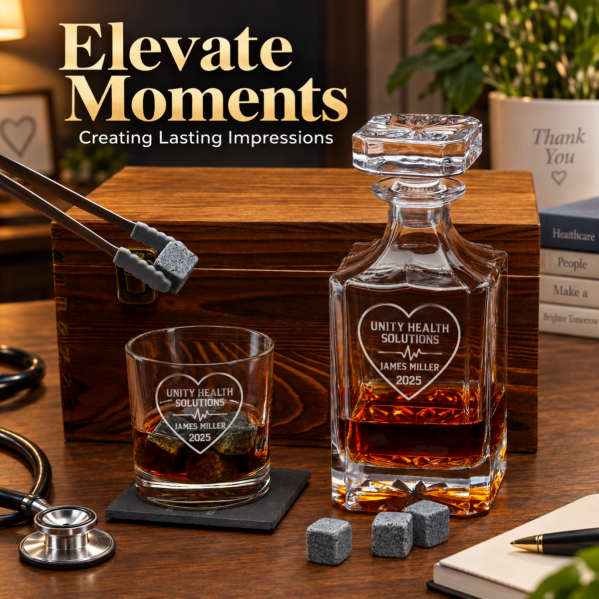 Healthcare Company Gifts – Square Decanter Set with 2 Glasses, 9 Whiskey Stones & Wooden Box product image
