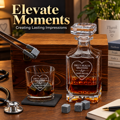 Healthcare Company Gifts – Square Decanter Set with 2 Glasses, 9 Whiskey Stones & Wooden Box – image 20
