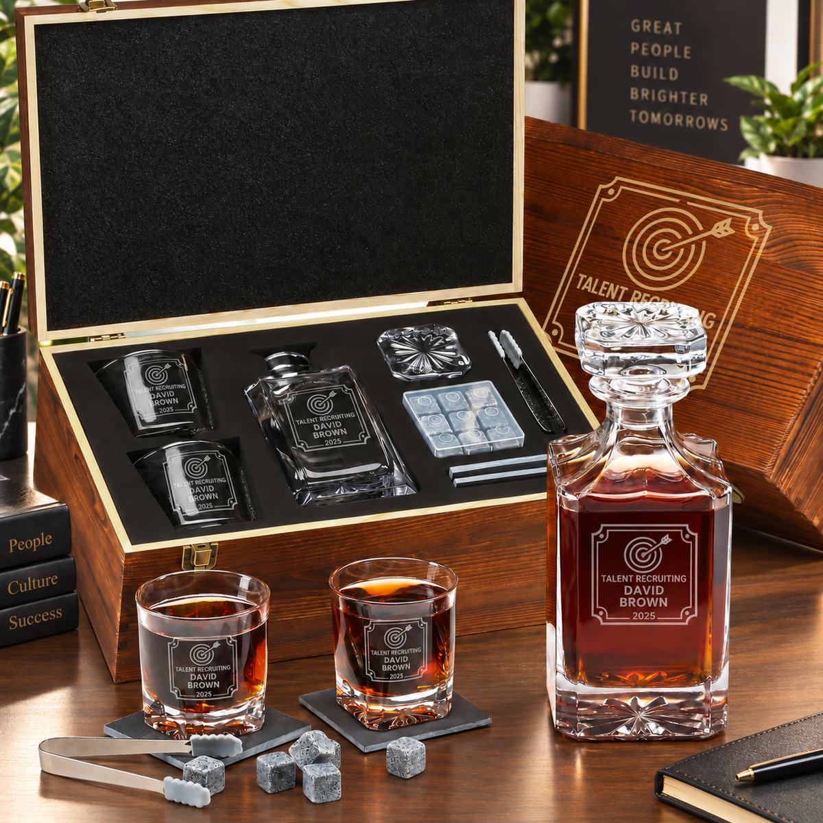 Human Resources Company Gifts – Square Decanter Set with 2 Glasses, 9 Whiskey Stones & Wooden Box – image 01