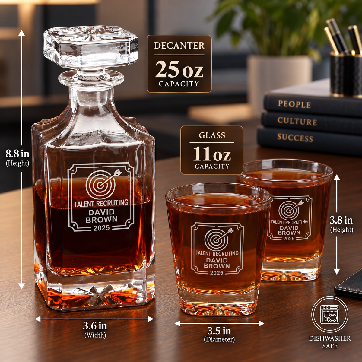 Human Resources Company Gifts – Square Decanter Set with 2 Glasses, 9 Whiskey Stones & Wooden Box – image 02
