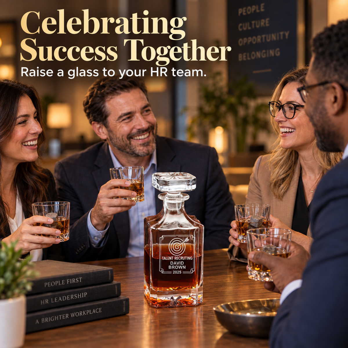Human Resources Company Gifts – Square Decanter Set with 2 Glasses, 9 Whiskey Stones & Wooden Box – image 03